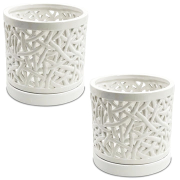 Set of 2 Large Ceramic Orchid Pots with Holes, 6 Inches Wide, for Indoors or Outdoors with Woven String Cut Out Design