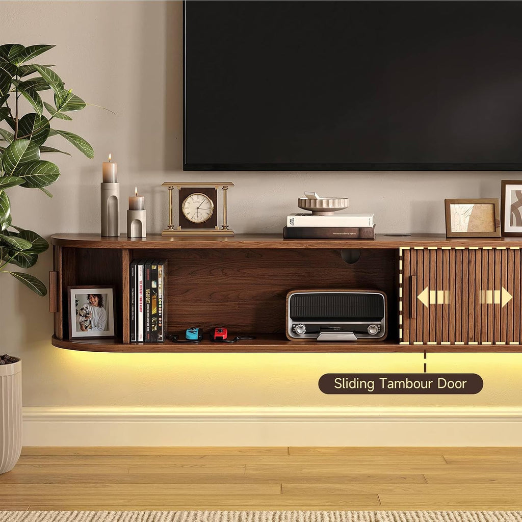 71" Floating TV Stand with Power Outlet for TVs up to 80", Fluted Entertainment Center with Remote Control for LED