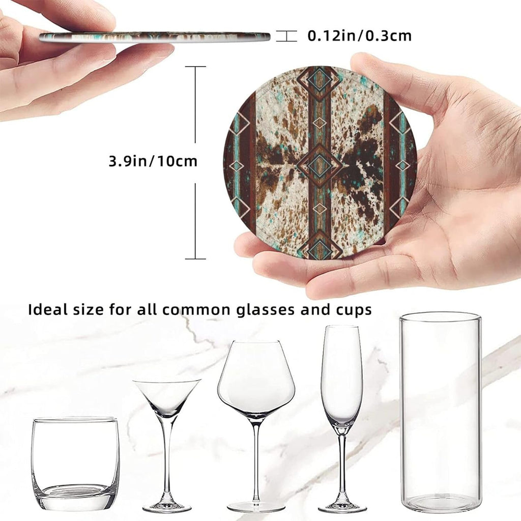Cowhide Print Western Leather Coasters for Drinks with Holder Coaster Sets Drink Table Cup Coasters Kitchen - Set of 6