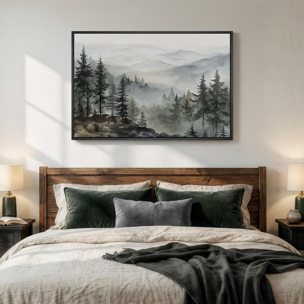 Framed Mountain Foggy Forest Landscape Wall Art, Horizontal Nature Watercolor Canvas Artwork for Walls, Misty Pine