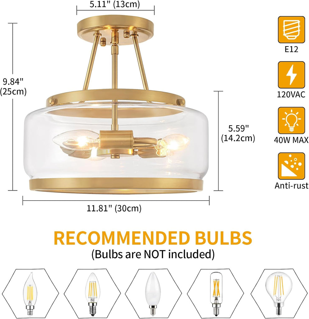 11.81" Brushed Gold Semi Flush Mount Ceiling Light, Modern Glass Drum Light Fixtures, 3-Light Golden Ceiling Lights