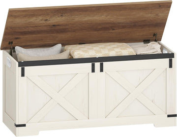 43" Storage Bench, Lift Top, 210L/55Gal Storage Chest | Retro White, Farmhouse, FSC Wood, 330lb, Double Hinges
