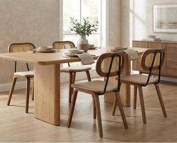 Modern Dining Chairs Set of 4, Upholstered Faux Leather Dining Room Chairs with Rattan Backrest and Wood Legs