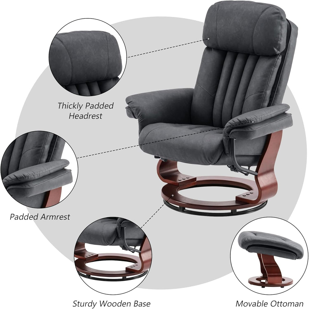 Modern Reclining Swivel Lounge Chair and Ottoman — Grey Faux Leather