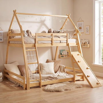 Bunk Bed Twin Over Full, Wooden House Bunk Bed with Climbing Nets & Ramp