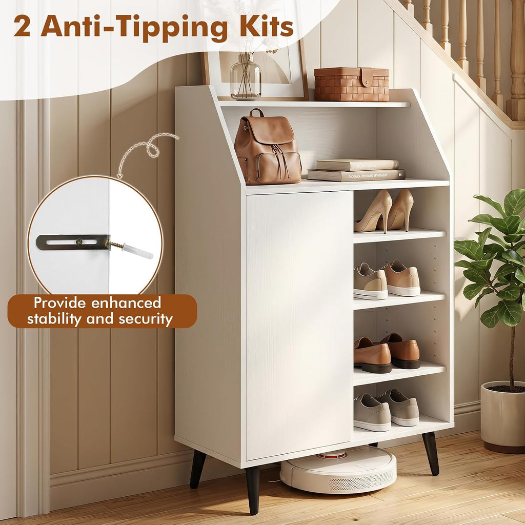 Shoe Storage Cabinet w/Single-Door, Adjustable Shelves | 7-Tier Entryway Cabinet w/Open Compartment, Anti-Tipping