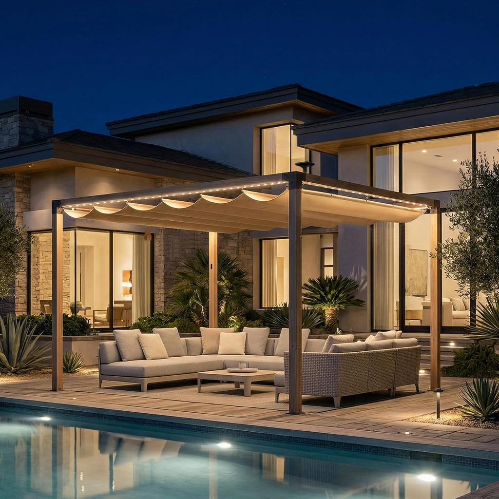 10x12 FT Retractable Pergola with Solar LED Lights, Wood-Grain Aluminum Frame, Water & UV-Resistant Adjustable Canopy