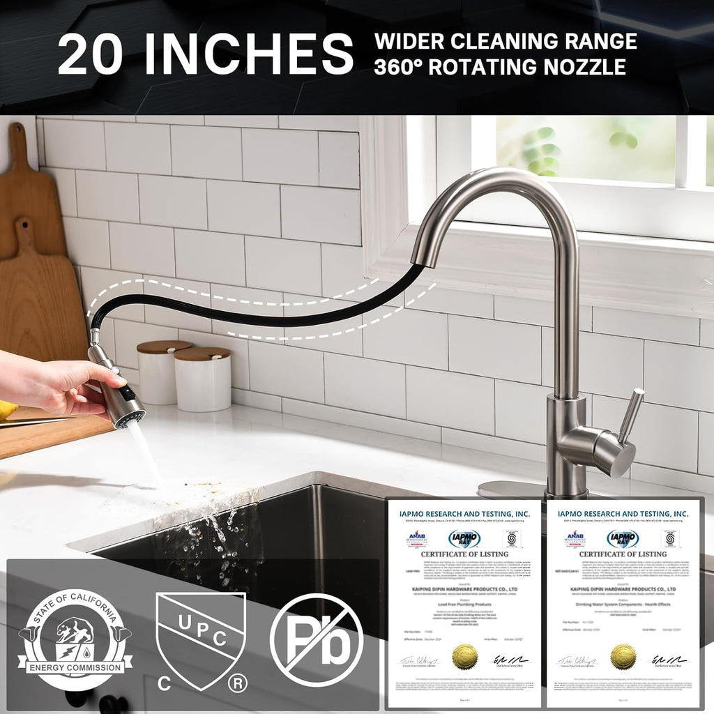Single Handle High Arc Brushed Nickel Pull Out Kitchen Faucet,Single Level Stainless Steel Kitchen Sink Faucets with Pull Down Sprayer,Suitable for Laundry Rv Bar