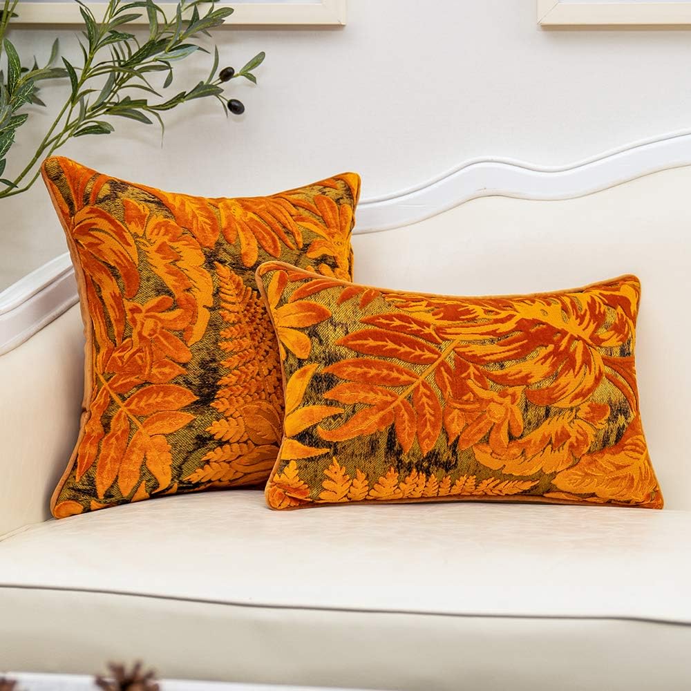 18 x 18 Inch Orange Square Maple Leaf Pillow Embroidery Cut Velvet Cushion Case Luxury Modern Lumbar Throw Pillow