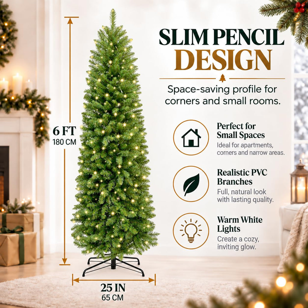 6FT Prelit Artificial Pencil Christmas Tree&Warm White Lights