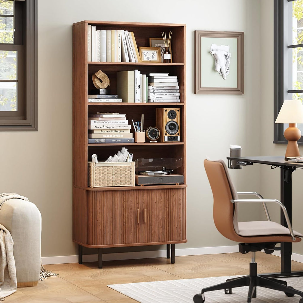 71" Tall Bookshelf, 4-Tier Bookcase with Storage Cabinet & Adjustable Storage Shelf