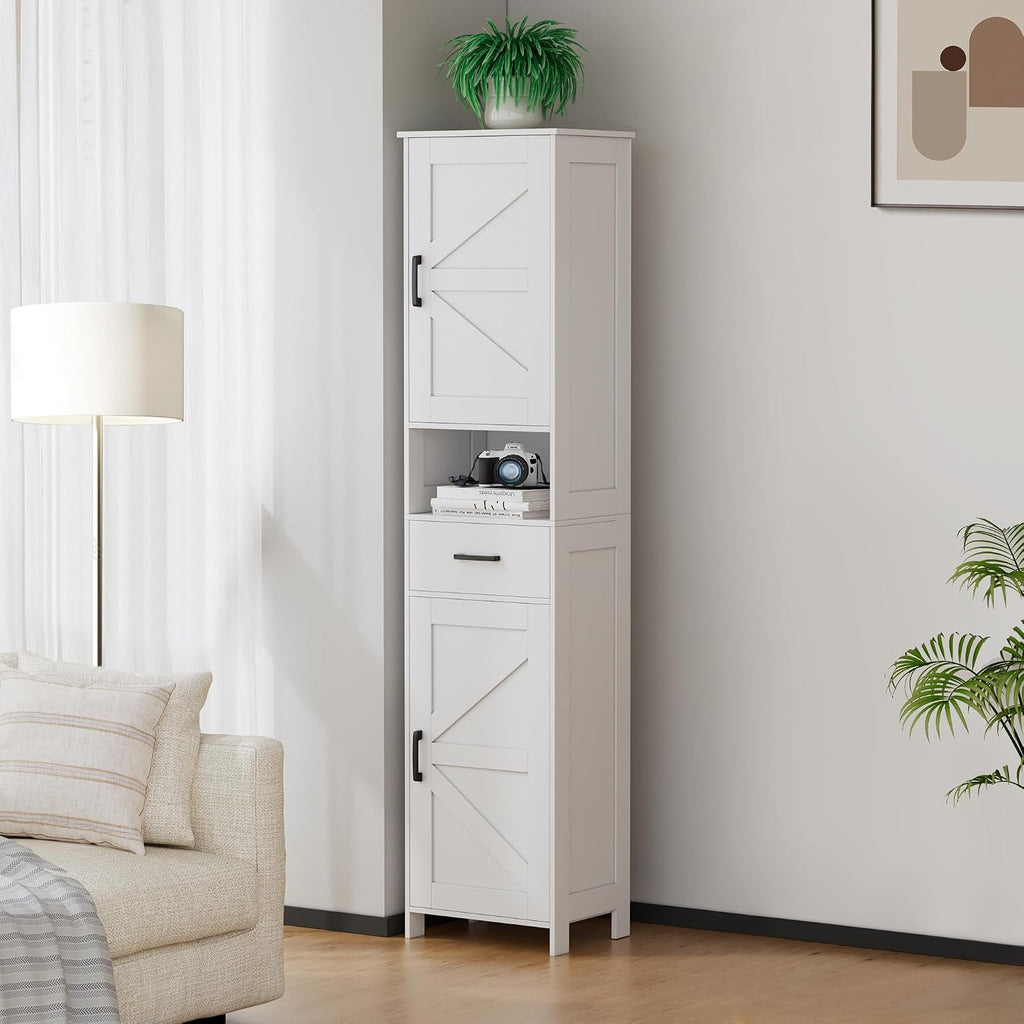 67" H Tall Bathroom Storage Cabinet with Barn Doors and Drawer | Narrow Storage Unit with Adjustable Shelves, Floor