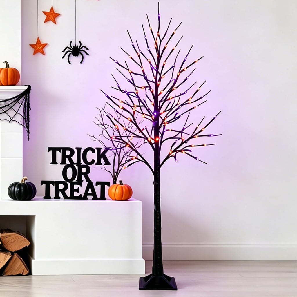 FT Halloween Lighted Black Birch Tree, Total 288 LED Purple and Orange Spooky Tree with Timer, Waterproof - Set of 2