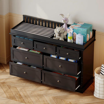 Nursery Dresser with Diaper Changing Tray, Baby Kids Dresser Changing Table with 7 Drawers & Carved Pattern Bedroom