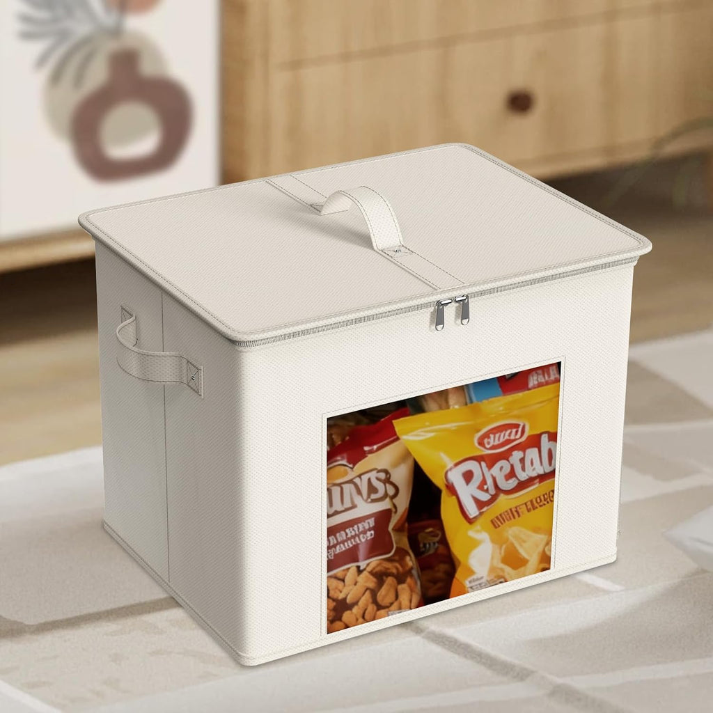Fabric Storage Bins with Lid Sweater Closet Organizer, Beige,4 Pack | Stackable, Smooth Zipper, Clear Window, Cloth