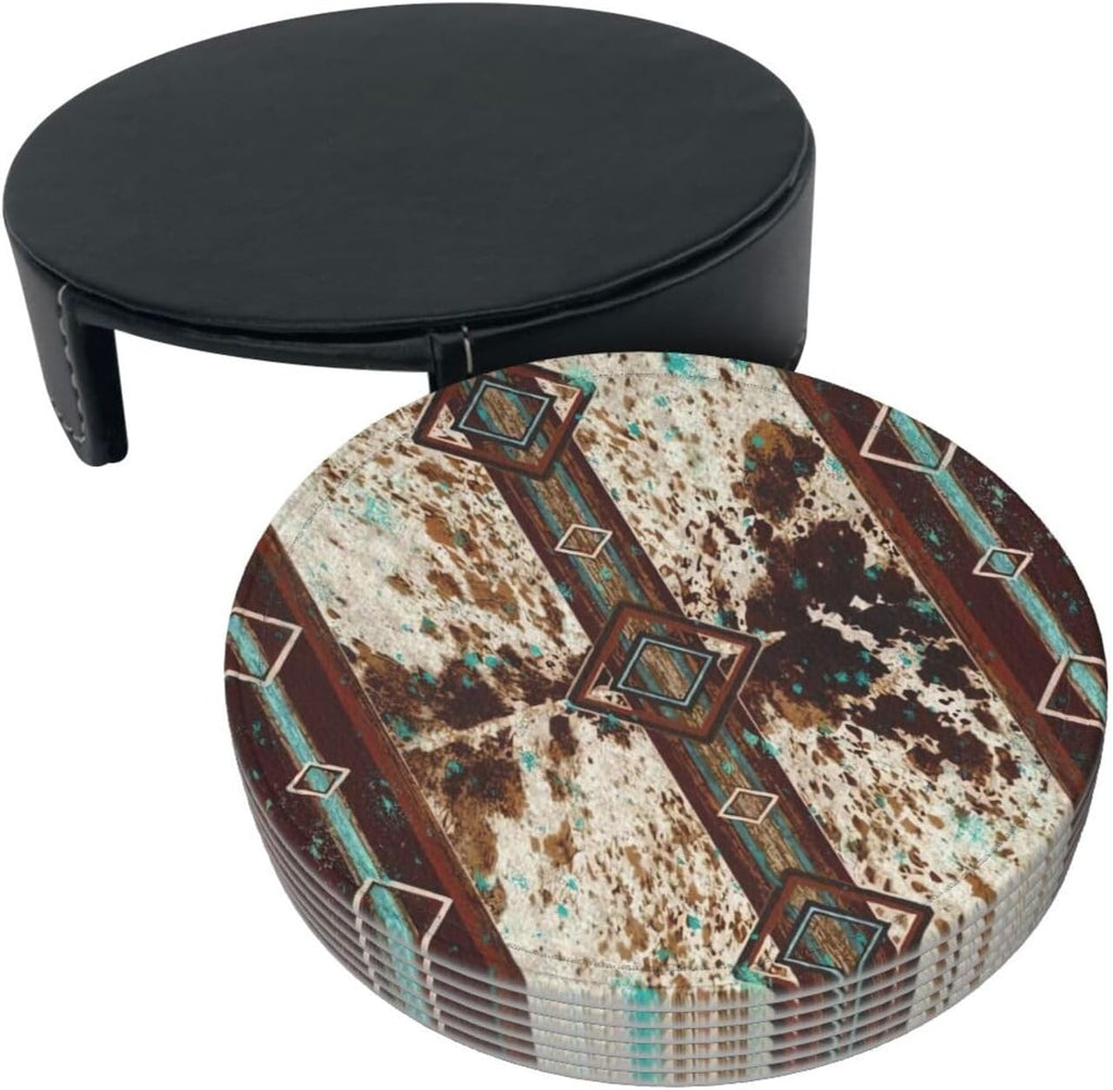 Cowhide Print Western Leather Coasters for Drinks with Holder Coaster Sets Drink Table Cup Coasters Kitchen - Set of 6