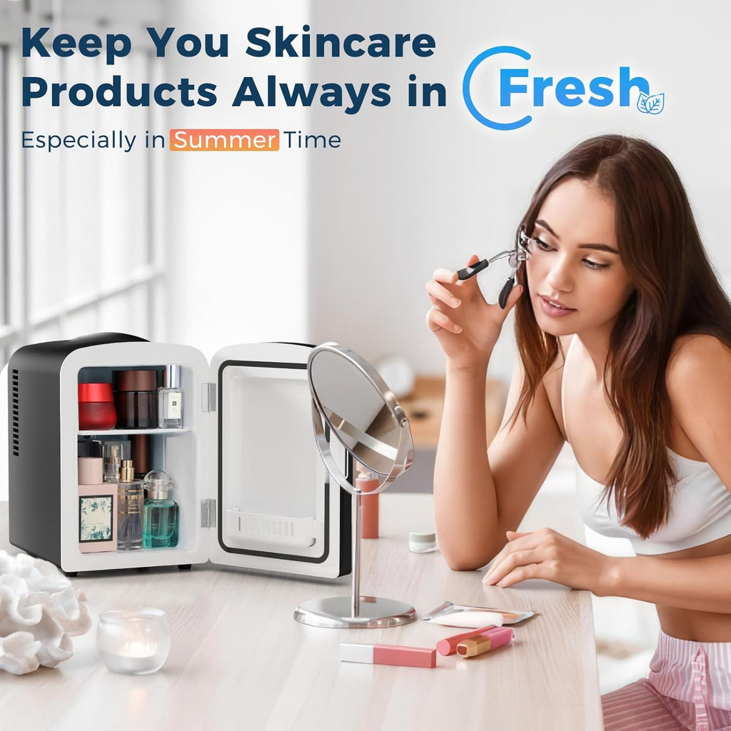 4L Makeup Mini Refrigerator With Mirror for Bedroom, Car, Office & Dorm, Portable Small Cooler for Cosmetics, Skin