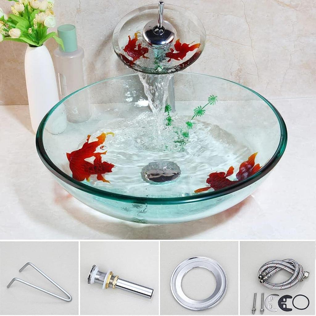 Clear Bathroom Sink Hand Painting Gold Fish Tempered Glass Vessel Sink Basin with Waterfall Faucet and Drain