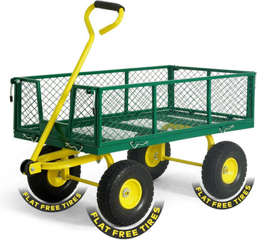 Metal Green Garden Cart, w/ 180° Adjustable Yellow Handle, w/Mat and Strap, Heavy Duty 880 lbs Capacity, w/ 10"