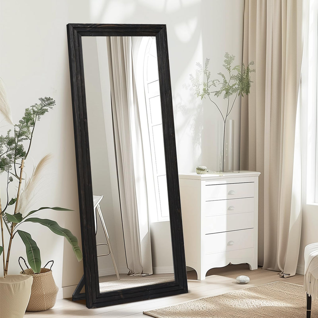 Full Length Mirror, 65 x 22 Inch Solid Wood Floor Mirror, Black