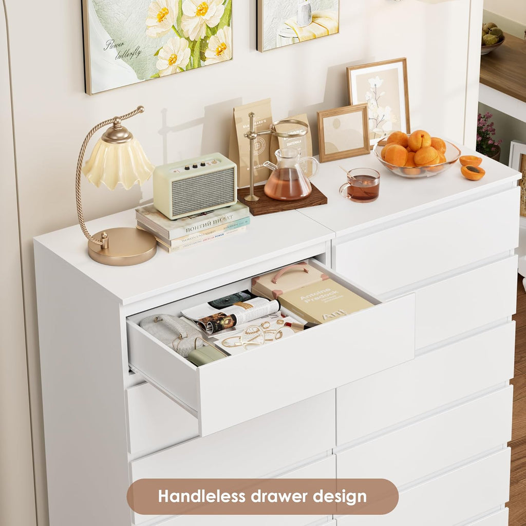 White Dresser, 6 Drawer Dresser, Modern Tall Floor Storage Cabinet with Metal Sliding Rail, Wooden Handleless Drawer