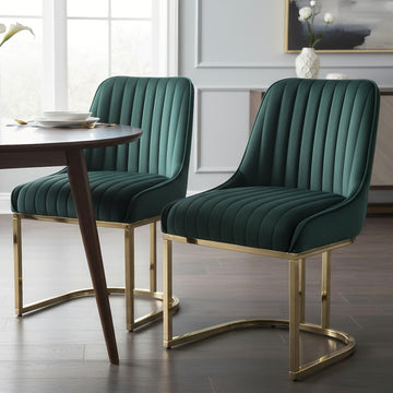 Velvet Dining Chairs Set of 2 Green Upholstered Dining Room Chairs with Gold Legs Modern Armless Kitchen Chairs with Back