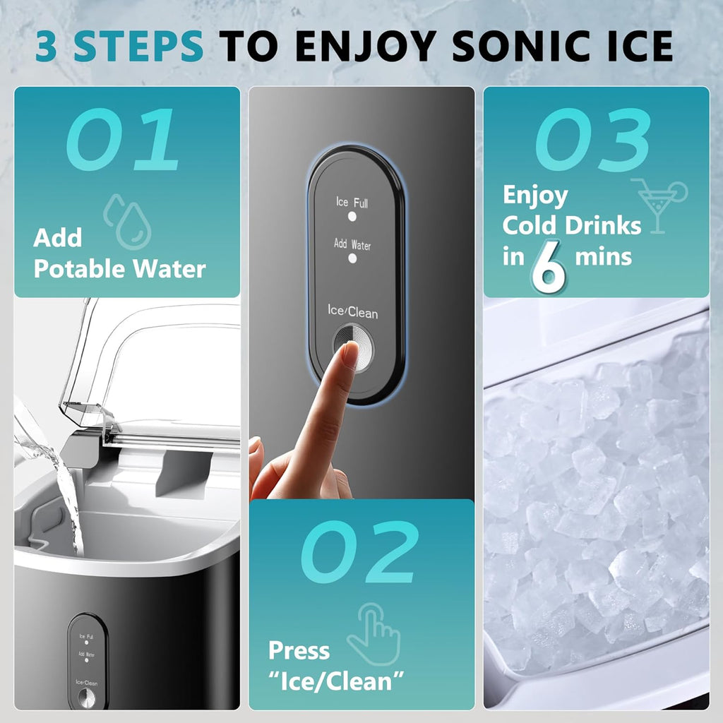 Nugget Ice Maker Countertop with Handle, Ready in 6 Mins, 34lbs Per Day, Removable Top Cover, Auto-Cleaning, Portable