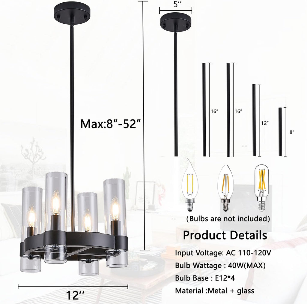 Inspired Ravelle Style Small Farmhouse 4-Light Black Wagon Wheel Chandelier with Round Glass Shades 12 Inch Industrial Ceiling Light Fixture for Kitchen Island, Hallway, Small Bedroom