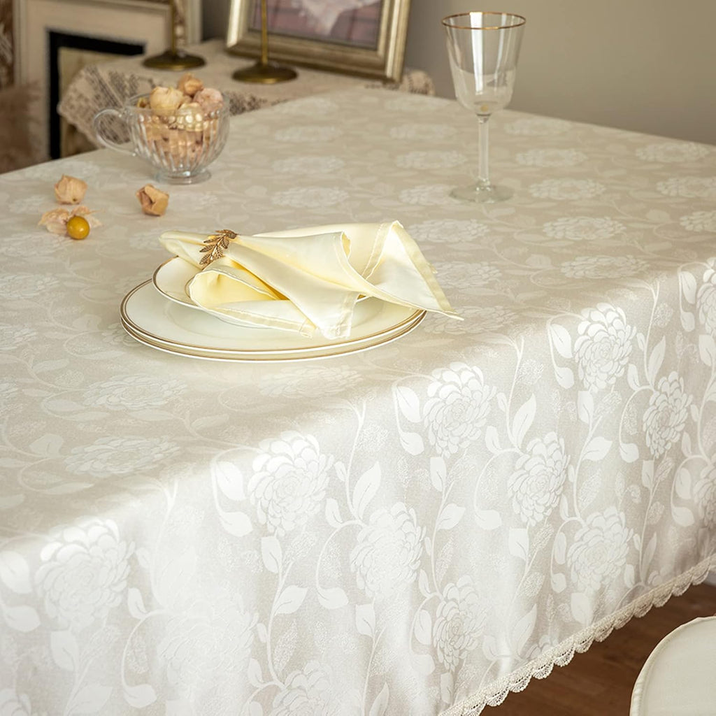 Rose Jacquard Textured Tablecloth Waterproof Spillproof Lace Trim Rectangle Table Cloth, Oblong Tabl