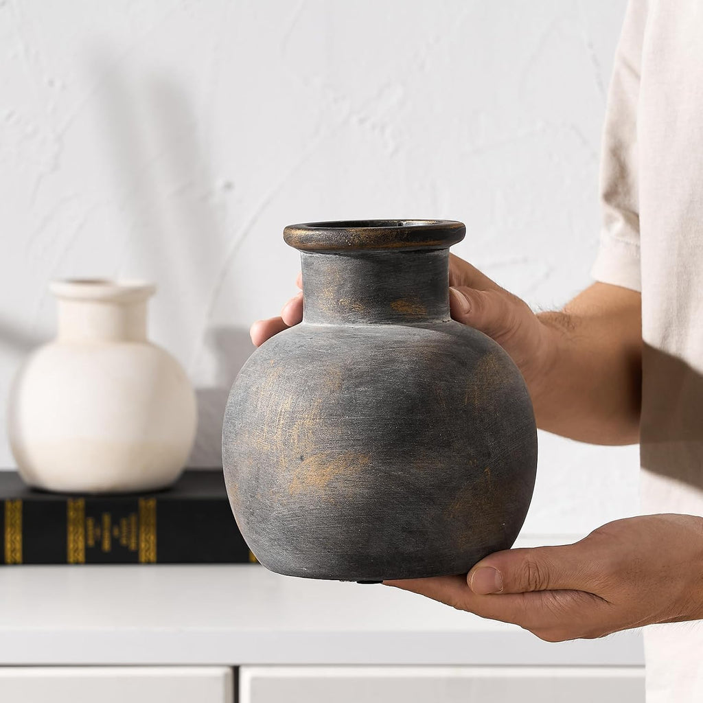 Ceramic Rustic Farmhouse Vase | 6 Inch Pottery Decorative Flower | Boho | Terracotta Vase