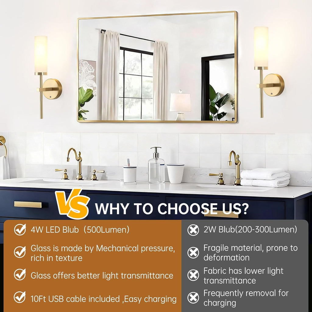 Battery Operated Wall Sconces Set of 2, Gold Rechargeable Wall Lighting Fixtures, Dimmable Wall Lights with Remote &