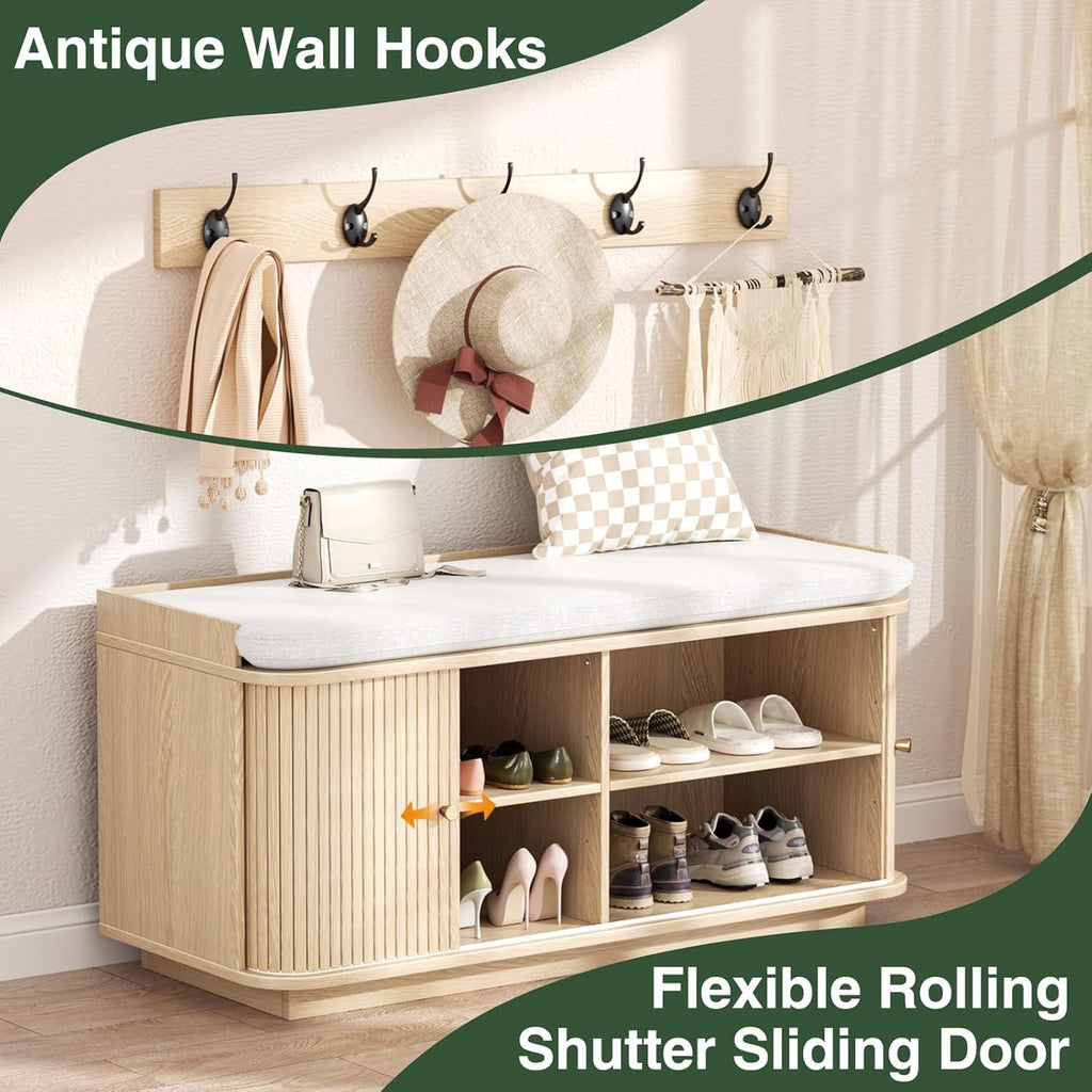 Hall Tree with Bench and Shoe Storage, Entryway Bench with Sliding Door Cabinet, Removable Padded, Metal Wall Hooks