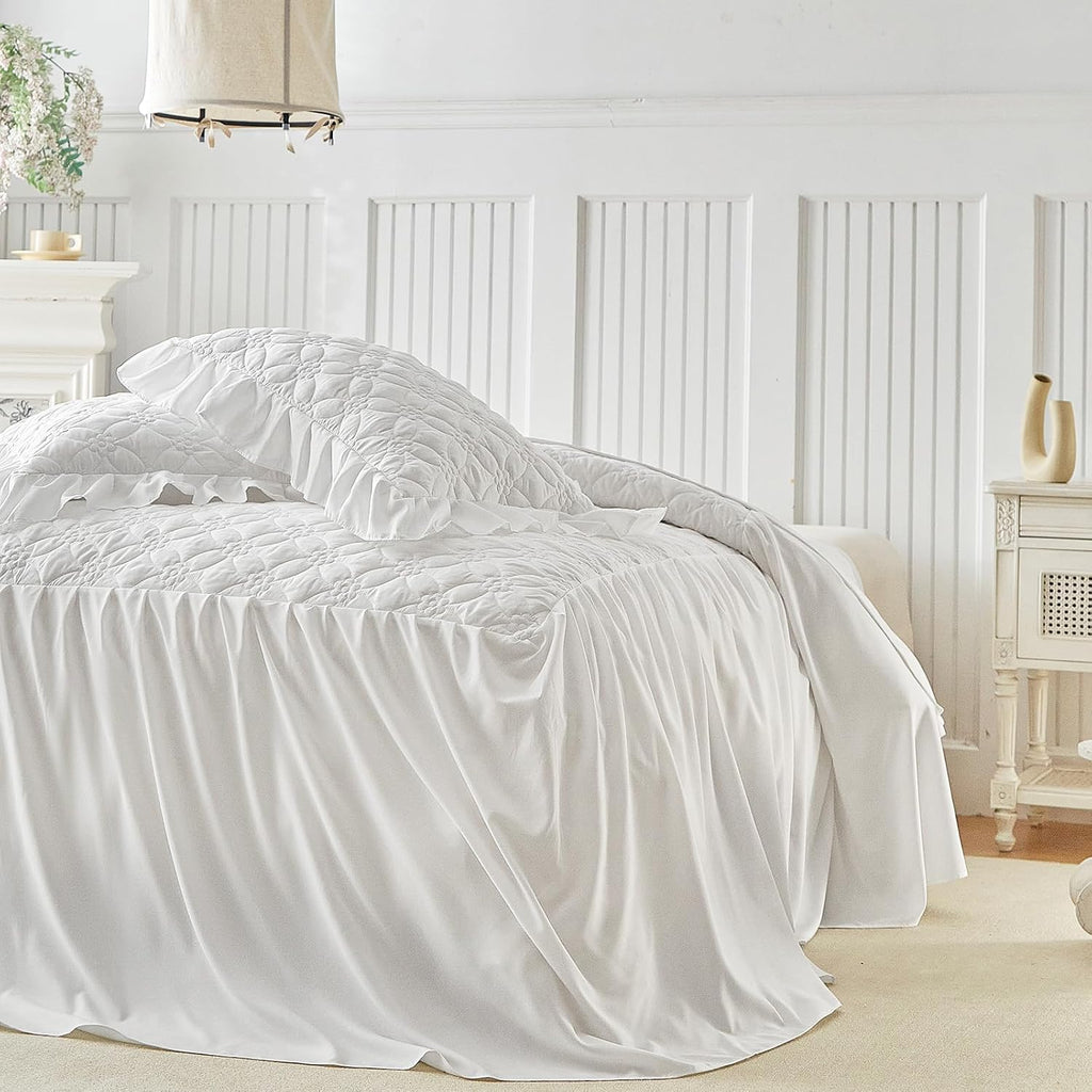 Ruffle Skirt Bedspread Set Flower Style - 30" Long Drop - Vintage Chic Ruffled Summer Bed Spreads Quilt Coverlet Boho