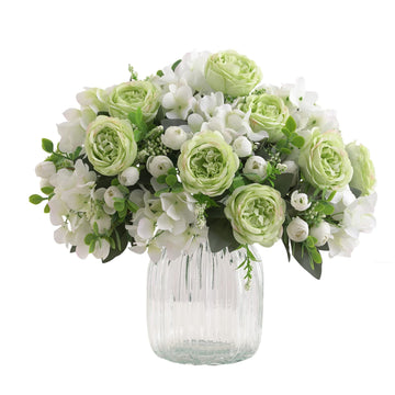 4-Bunch Green Artificial Peony Bouquet, Silk Flowers for Table Decor