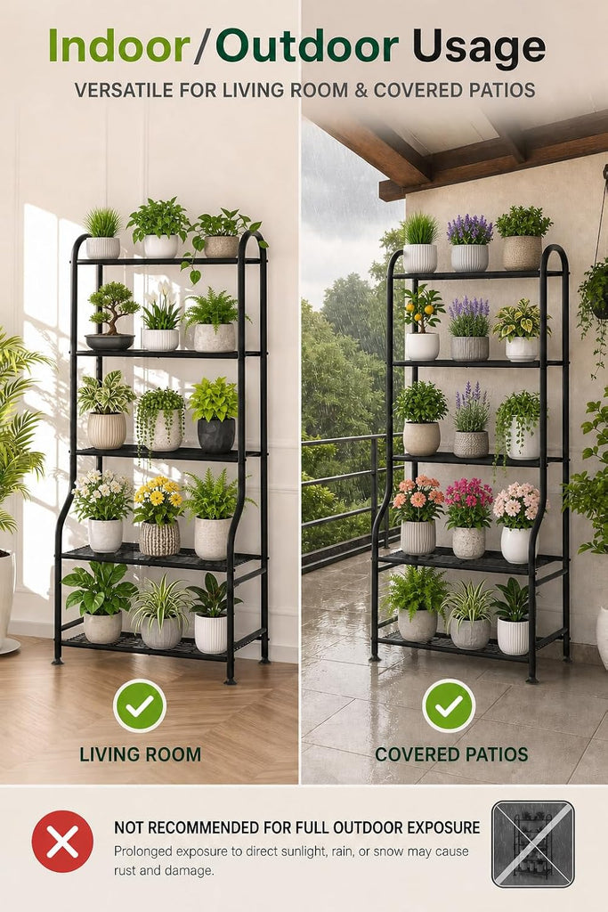5-Tier Metal Plant Stand - Heavy Duty Indoor Outdoor Flower Shelf for Multiple Pots, 65" Tall Vertical Holder with