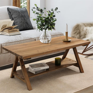 Solid Wood Coffee Table - 42.5” Firwood Farmhouse Rustic Wooden Coffee Tables, Solid Firwood Rectangle Coffee Table