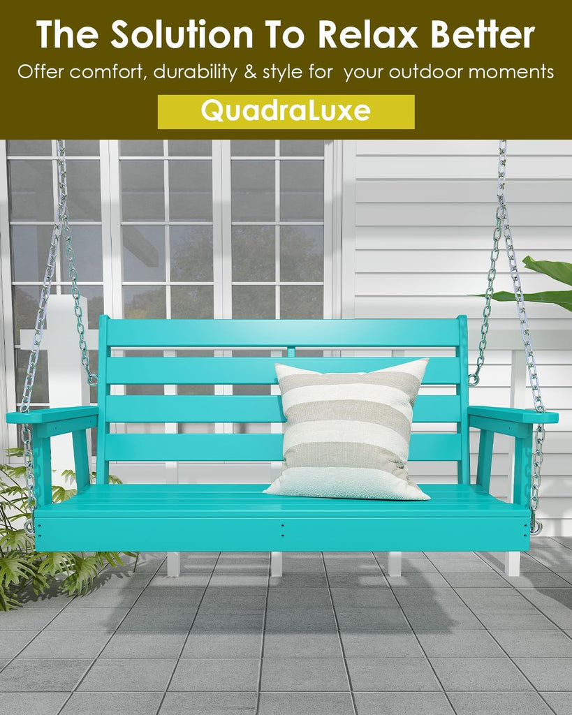 Outdoor Porch Swing, 2-Person HDPE Patio Bench Swings, Aqua | 51" Extra Wide | 4 Stainless Steel Chains | 600 lb