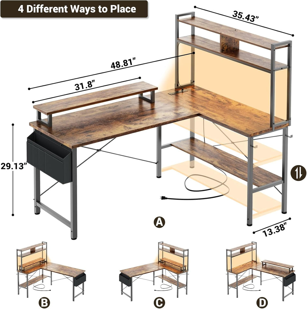 L Shaped Gaming Desk with Power Outlets & LED Lights, Rustic Brown
