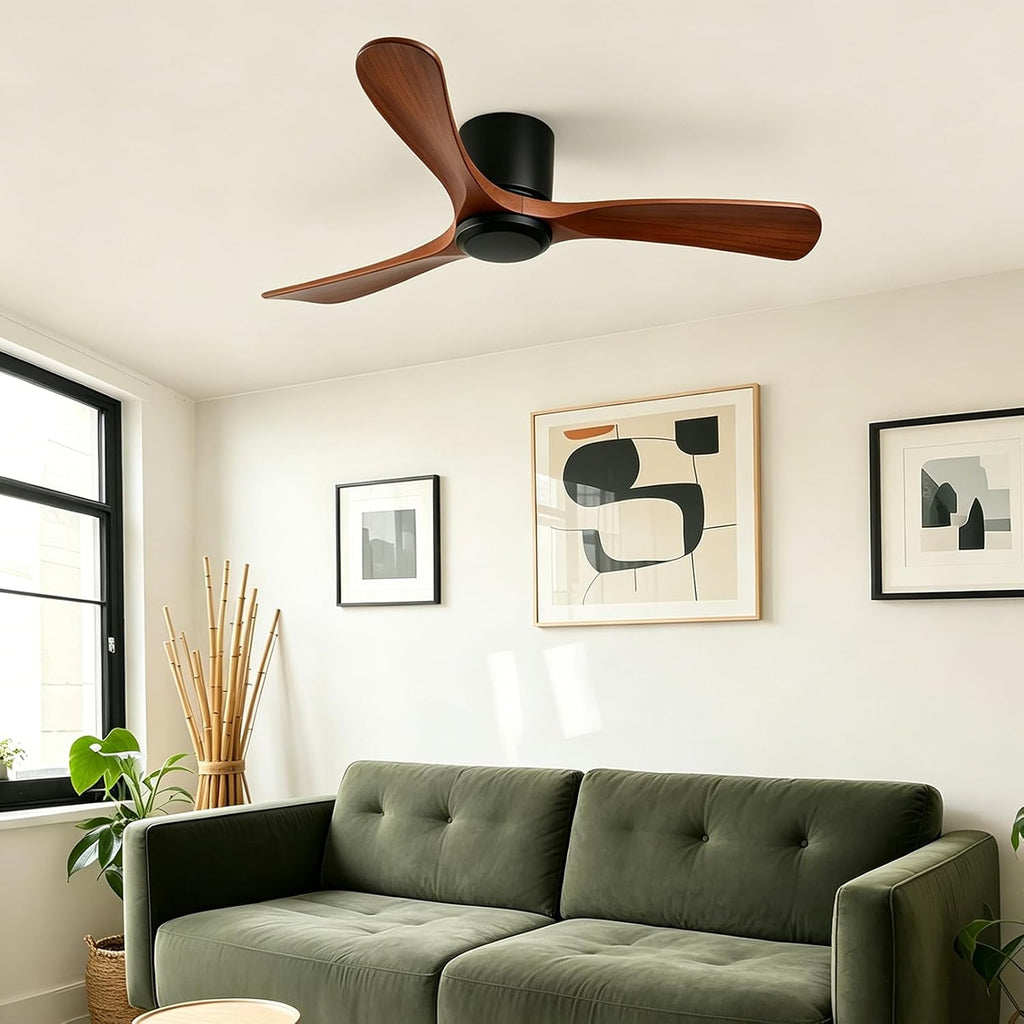 42 Inch Wood Ceiling Fan Without Light - Flush Mount, Remote Control, 3 Blade 6-Speed Reversible DC Motor, Noiseless Timer