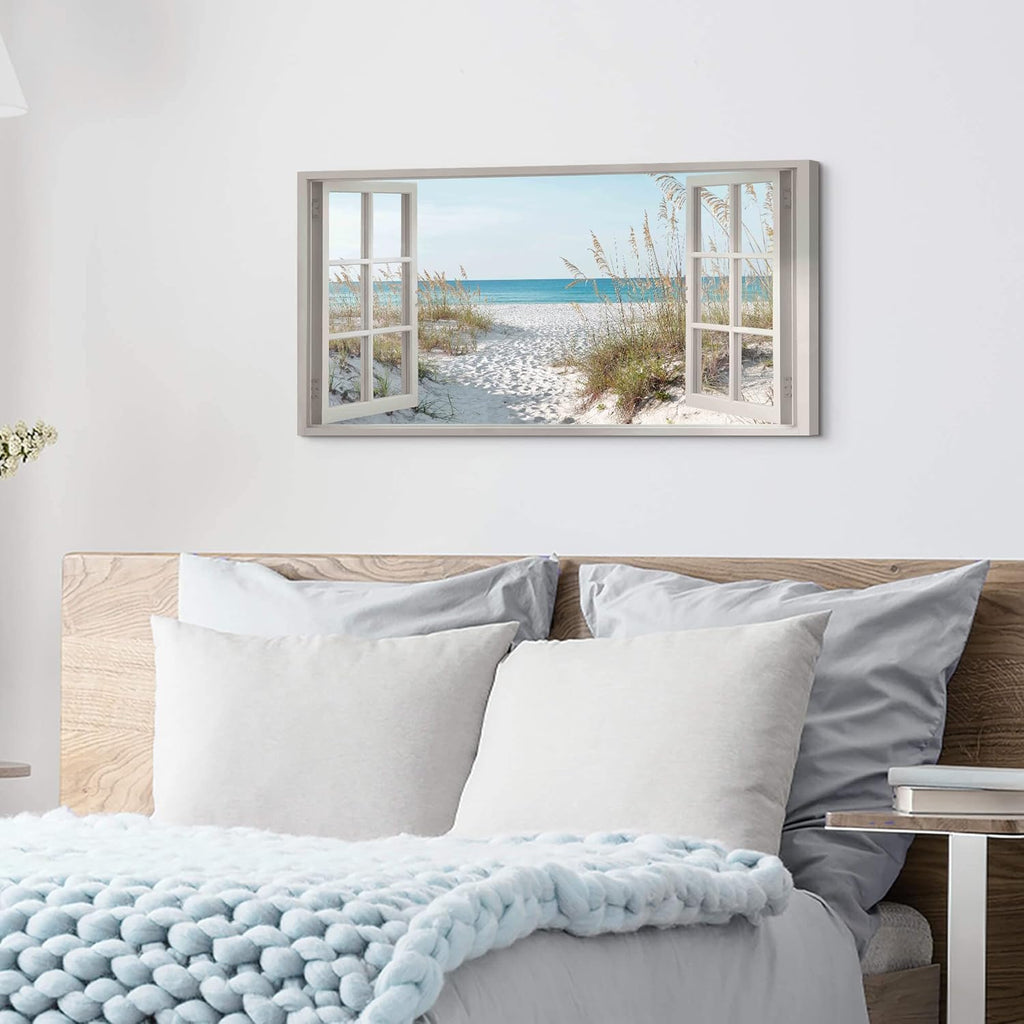 Window Beach Wall Art Prints: Modern Large Tropical Coastal Landscape Canvas Bedroom Blue Ocean Picture Relaxing