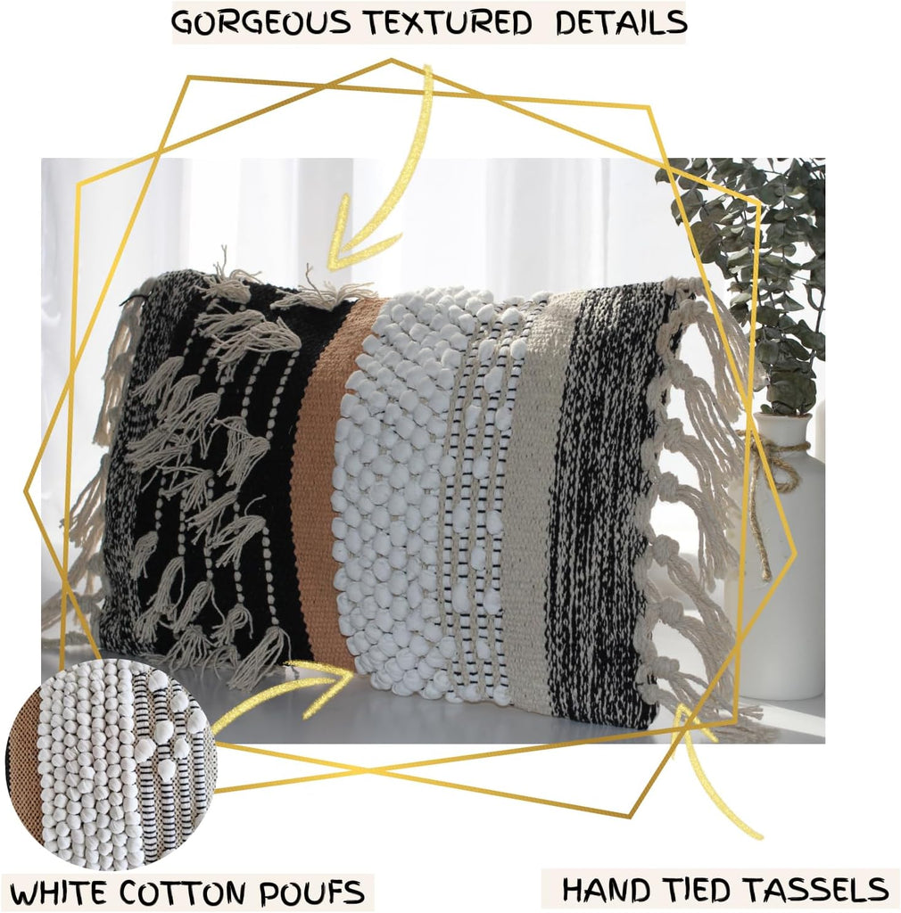 Decorative Boho-Chic Premium Pillow Cover 12x20 Handwoven Tufted Cotton Lumbar Accent Pillows, Neutral Earthly Color