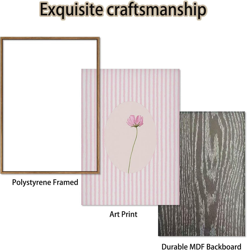 3 Piece Framed Wall Art Wildflowers Wall Decor Botanical Canvas Art Floral Pictures Stripe Paintings Pink Prints Boho