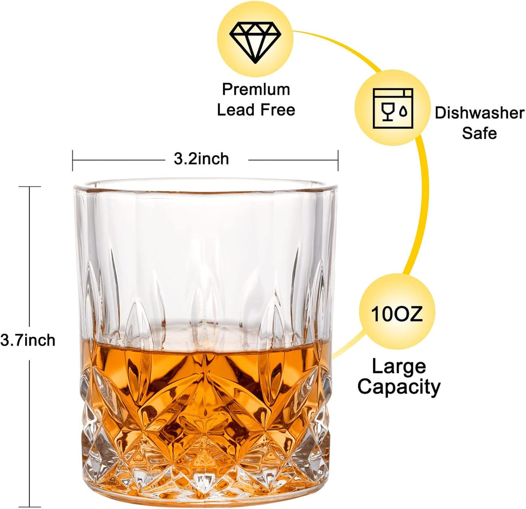 Whiskey Rocks Glass, Set of 4 (2 Crystal Bourbon Glasses, 2 Round Big Ice Ball Molds) In Gift Box - 10 Oz Old