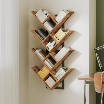 Floating Shelves for Wall, Set of 2 Wall Mounted Shelves, 2-Tier Wooden Tree Bookshelf, Hanging Shelves Storage Rack