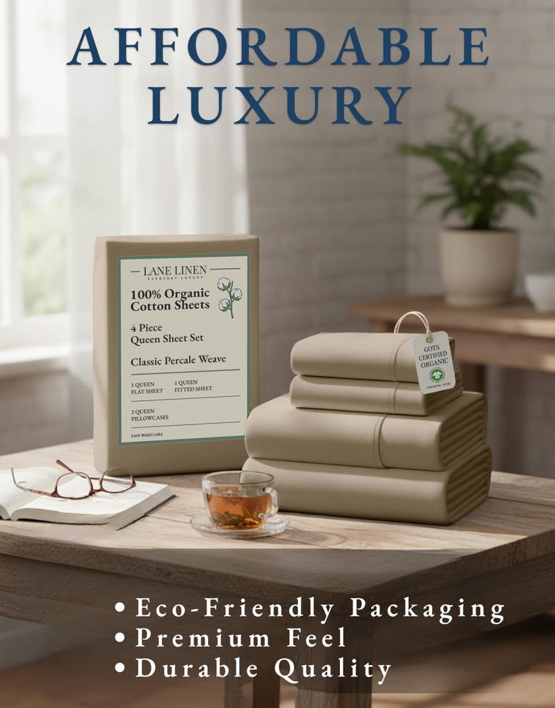 Queen Sheets 100% Organic Cotton Soft 4pc Percale - Taupe