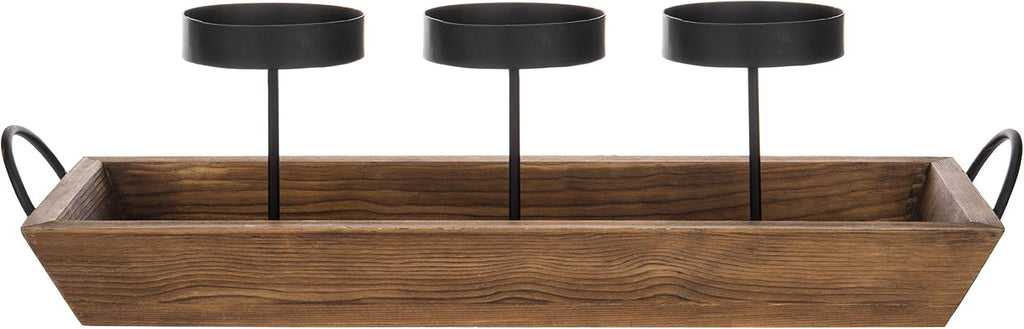 3-Pillar Black Metal Candle Holder with Rustic Wood Tray and Handles, Tabletop/Mantel Centerpiece