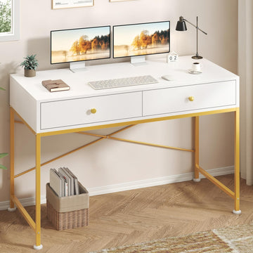 39" White and Gold Desk with Drawers, Vanity Desk