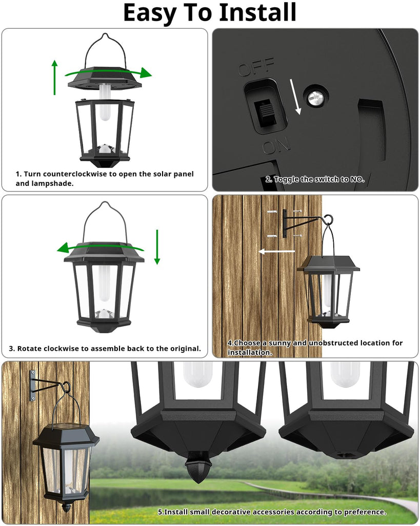 Solar Lanterns Outdoor Waterproof, Hanging Solar Lights with Glass Shade - 2 Pack LED Metal Wall Mount Outdoor Light