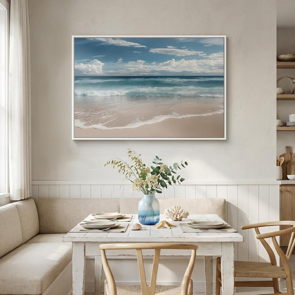 Framed Coastal Beach Wall Art for Room Decor, Blue Ocean Seascape Canvas Artwork for Walls, Nature Nautical Cozy