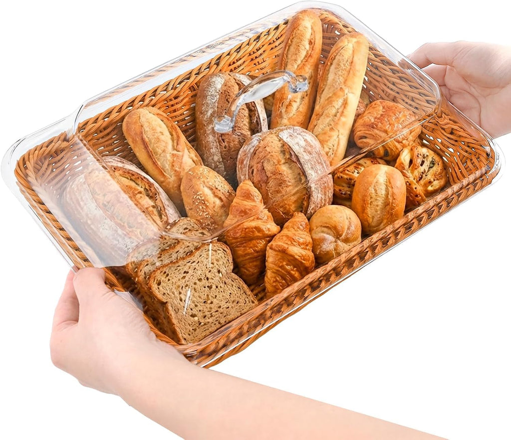 2 Pack Imitation Rattan Bread Basket with Lid, Woven Tabletop Food Serving Basket, Poly-Wicker Fruit Basket for